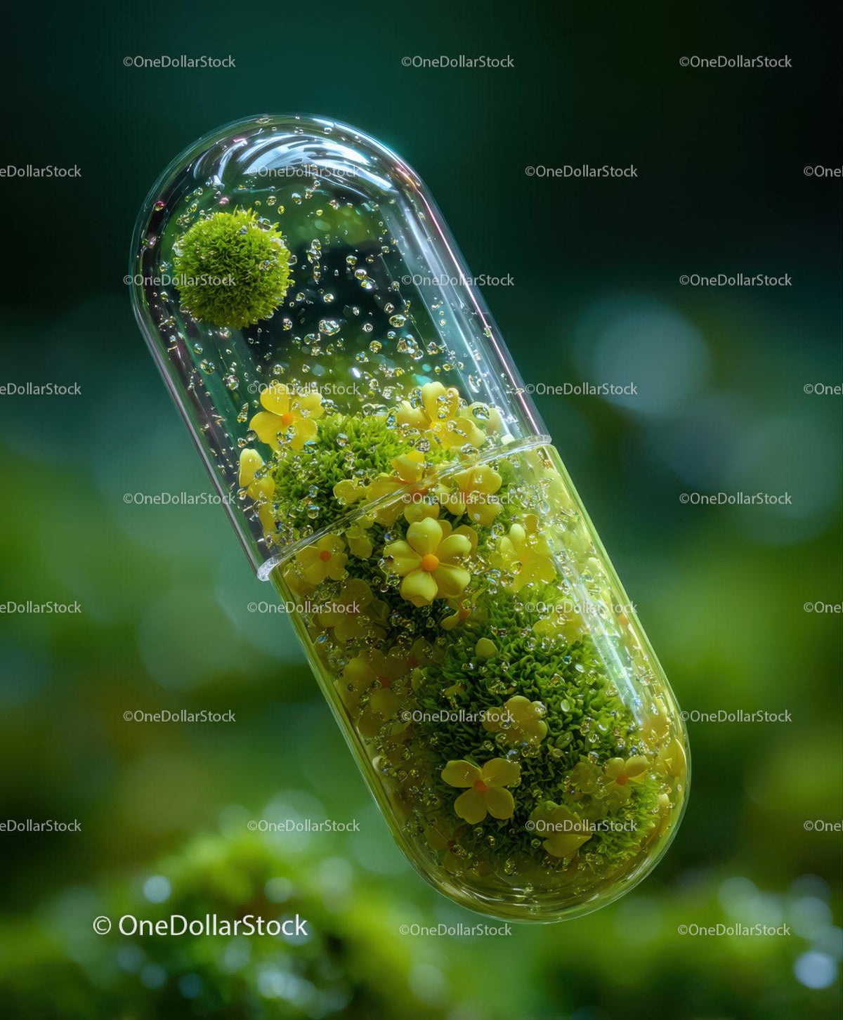 Clear capsule with green moss and small yellow flowers inside on blurred green background