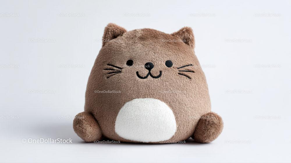 Round brown plush cat toy with white belly and embroidered face