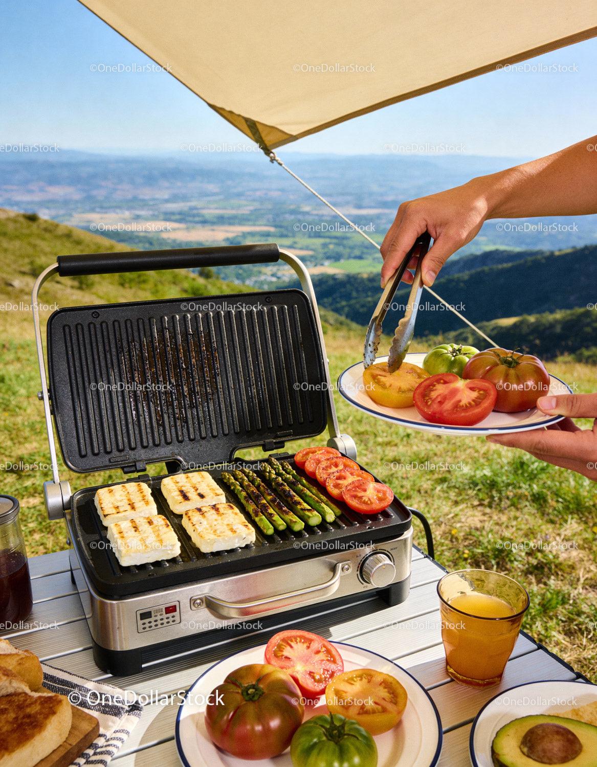 Grilling fresh asparagus and cheese with ripe tomatoes outdoors