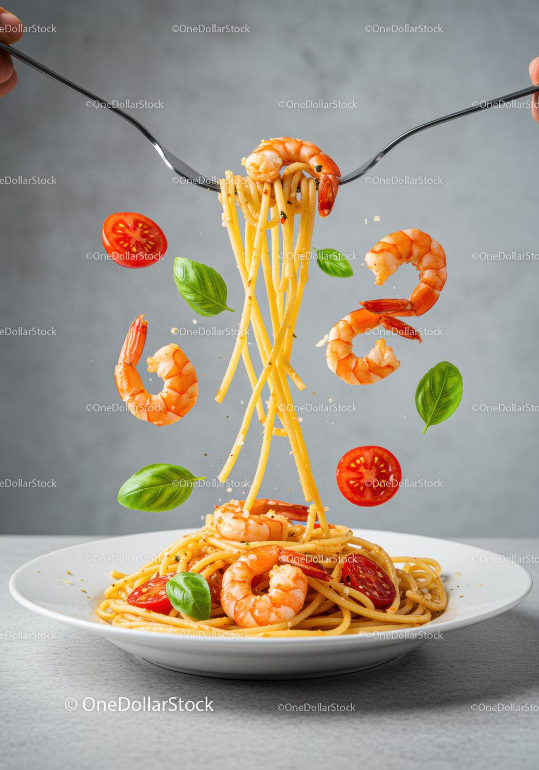 Fresh Shrimp Pasta with Cherry Tomatoes and Basil Leaves
