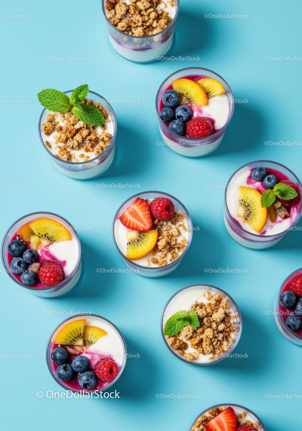 Assorted Yogurt Parfaits with Fresh Fruits and Granola