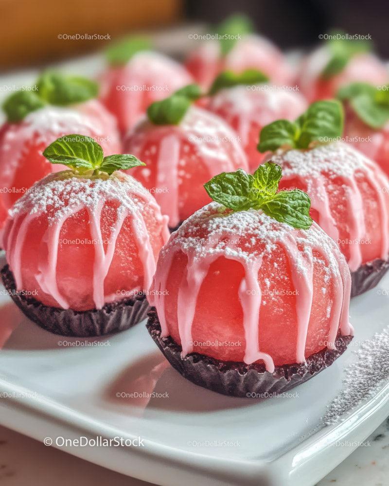 Pink Strawberry Glazed Cupcakes with Mint Garnish on White Plate