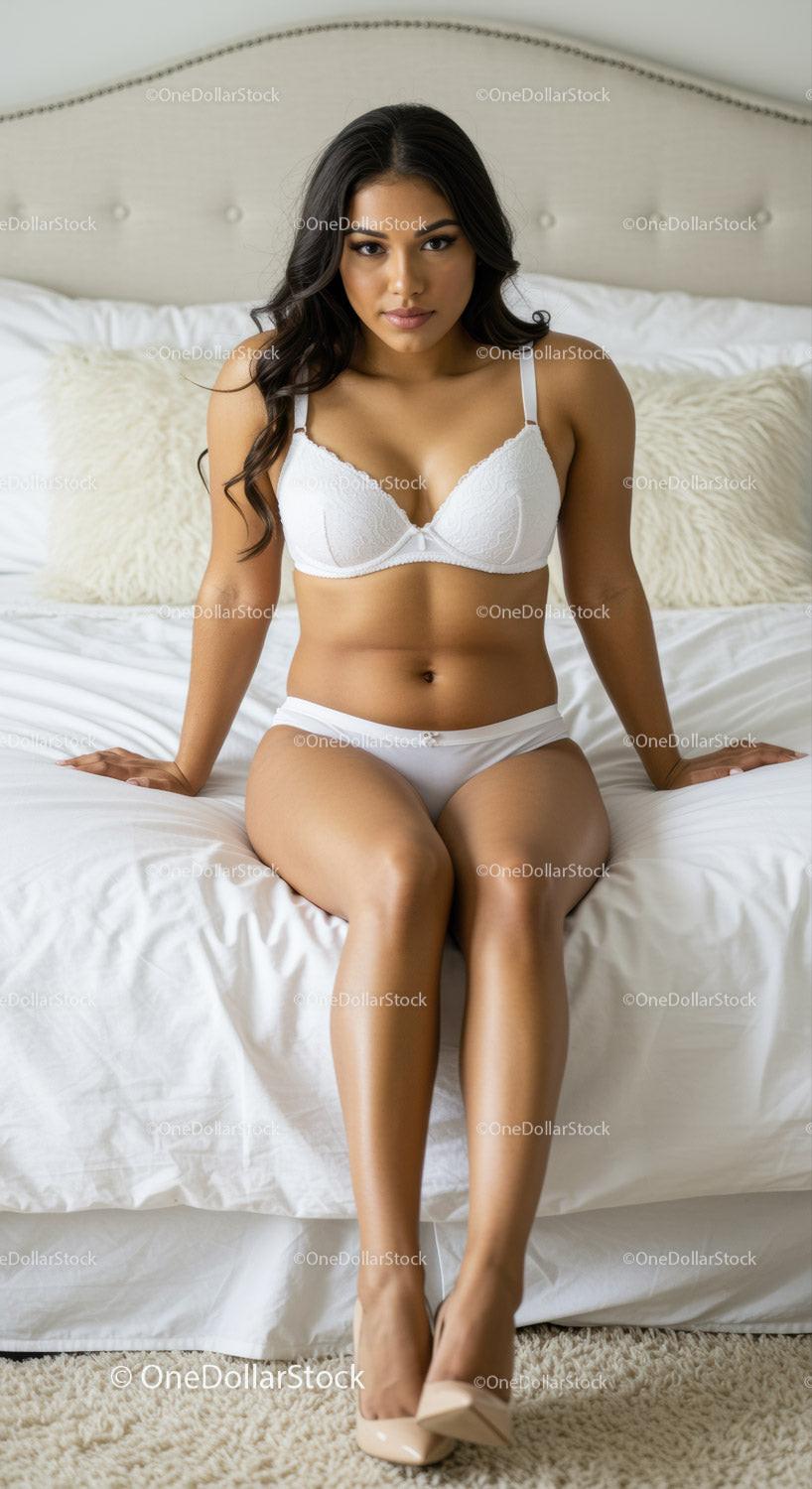 Confident woman in white lingerie sitting on bed
