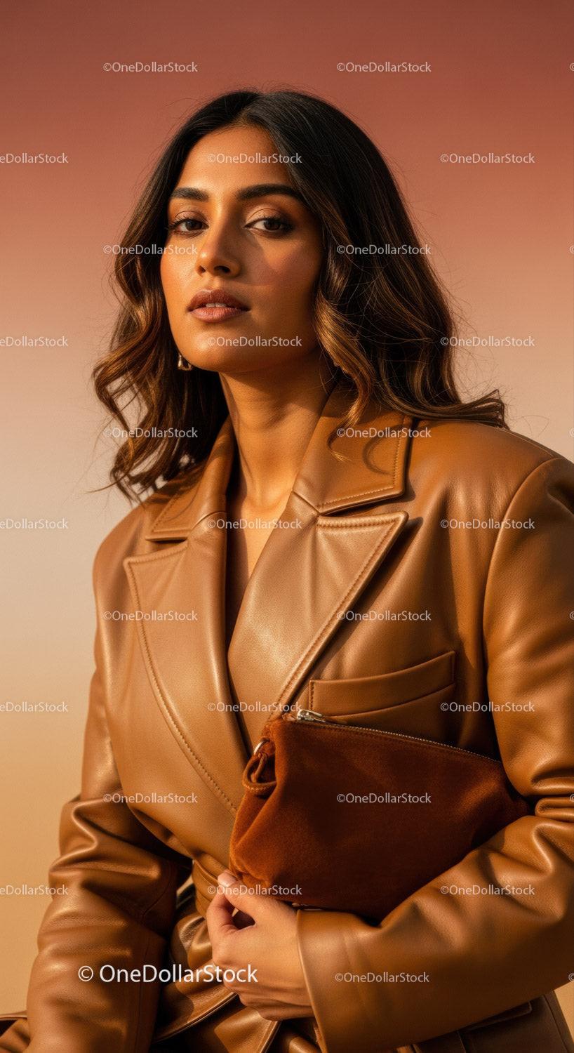 Stylish Woman in Leather Jacket Posing for Fashion Portrait
