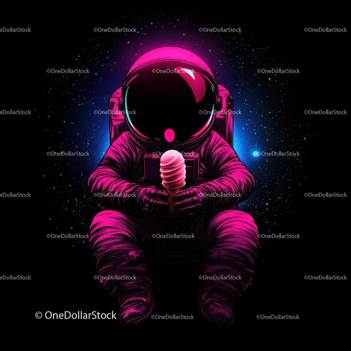 stock photo bundle made with Colorful Astronaut Holding Ice Cream in Space with Galaxy Reflection Stock Photo Bundle