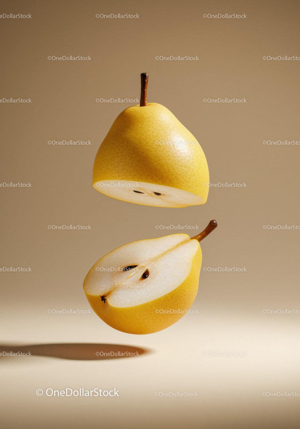 Floating sliced yellow pear on beige background