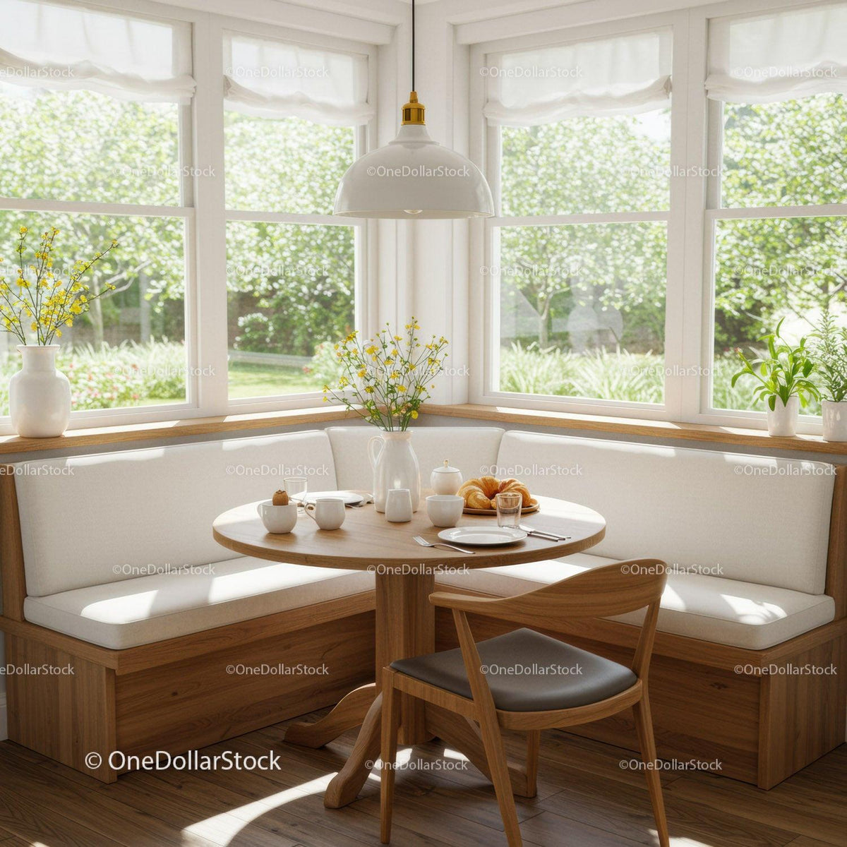 Cozy breakfast nook with natural light and wooden furniture
