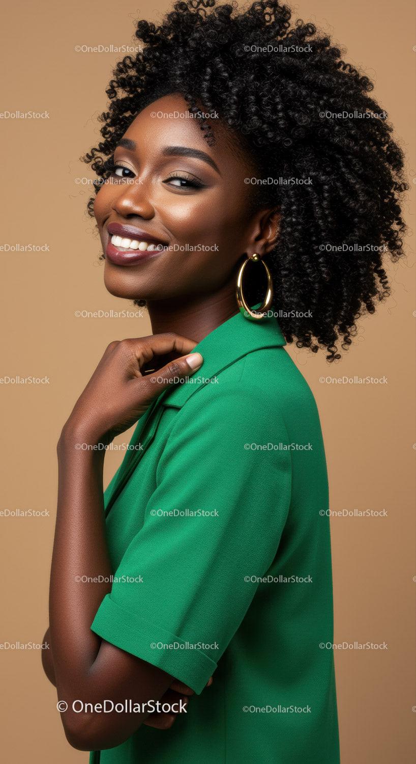 Beautiful African Woman with Natural Curly Hair in Green Blazer