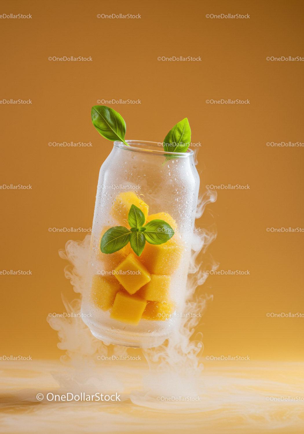 Frozen mango cubes with basil leaves in frosty glass