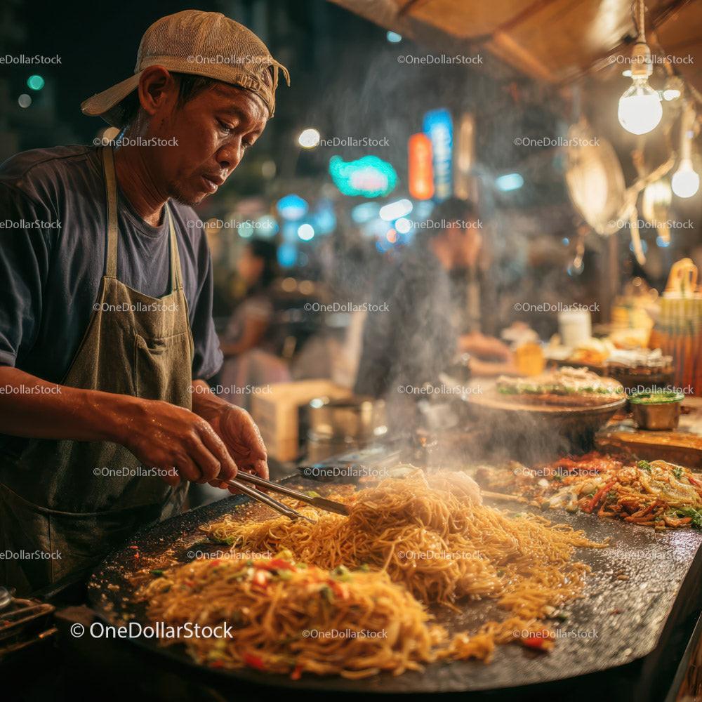 stock photo bundle made with Street food vendor cooking stir-fry noodles at night market Stock Photo Bundle
