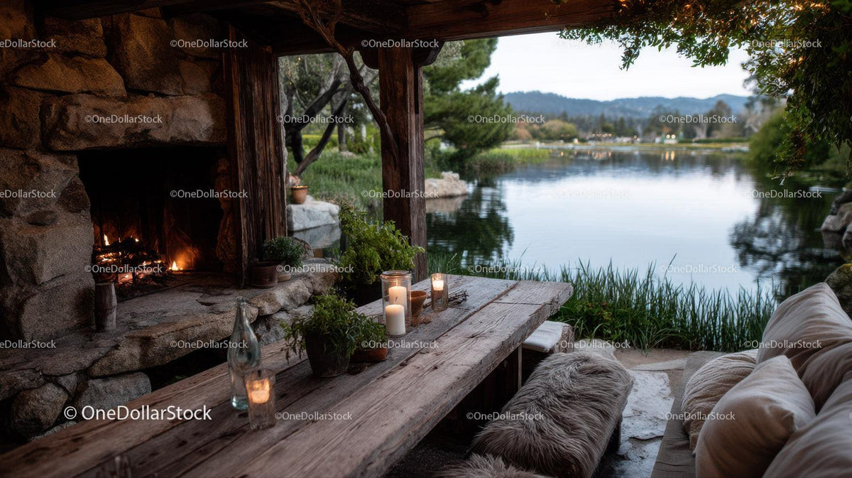 Cozy Riverside Cabin With Fireplace Overlooking Mountain Landscape Stock Photo Bundle preview 32