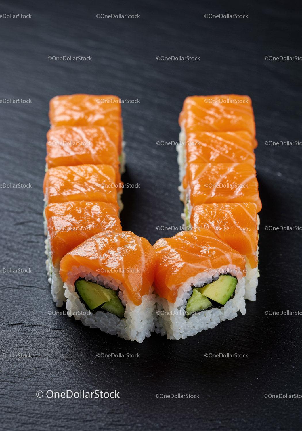 Fresh salmon sushi rolls with avocado on black plate