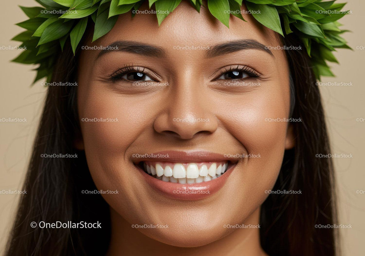 Close-up of smiling woman wearing tropical green leaf crown