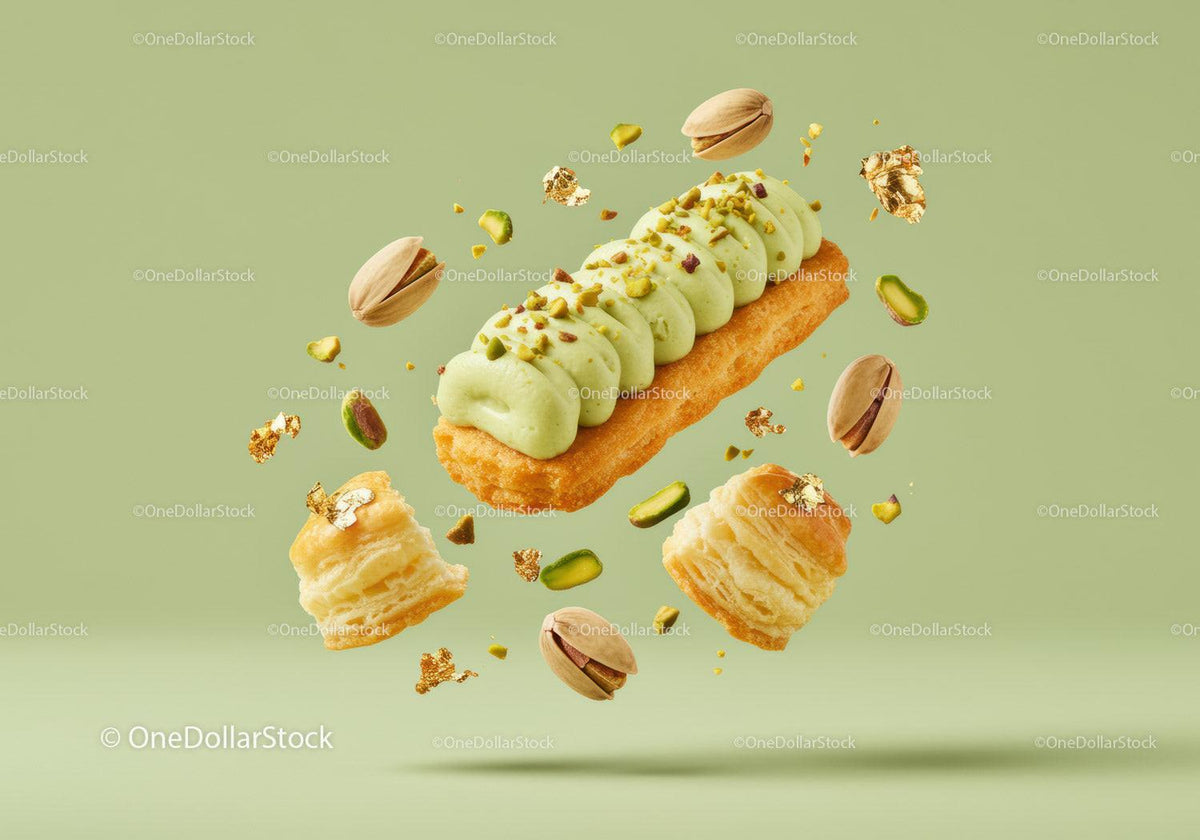 Pistachio eclair with puff pastry and nuts floating
