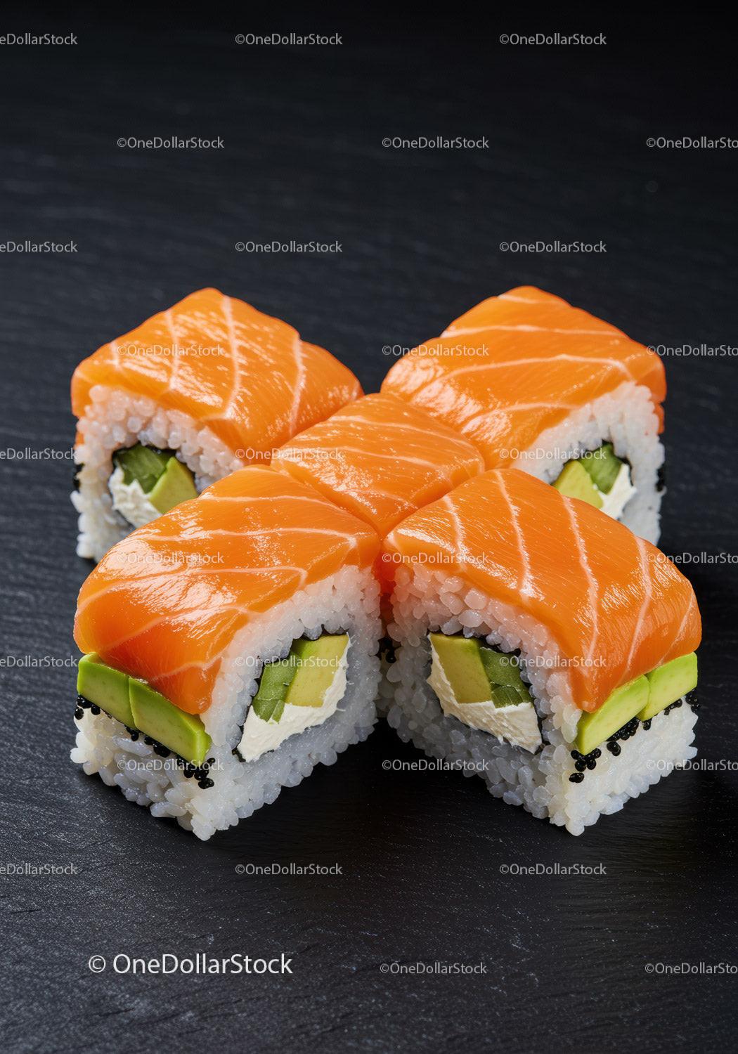 Fresh salmon sushi rolls with avocado and cream cheese