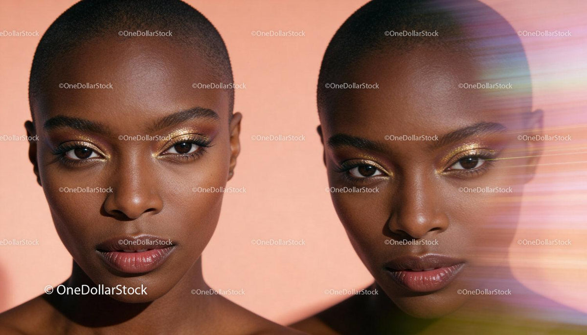 Two portraits of a woman with golden eyeshadow and glowing skin