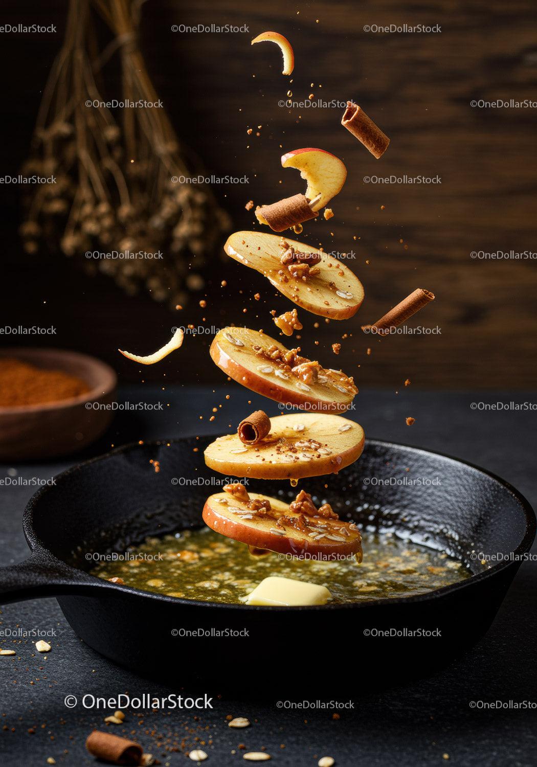 Sautéed apple slices with cinnamon and butter in pan