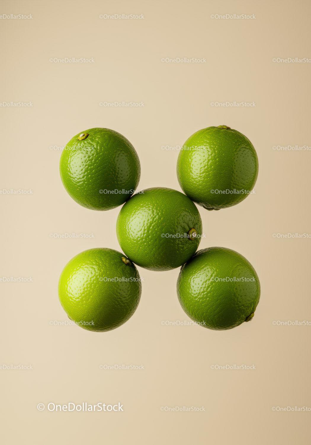 Arrangement of fresh green limes on neutral background