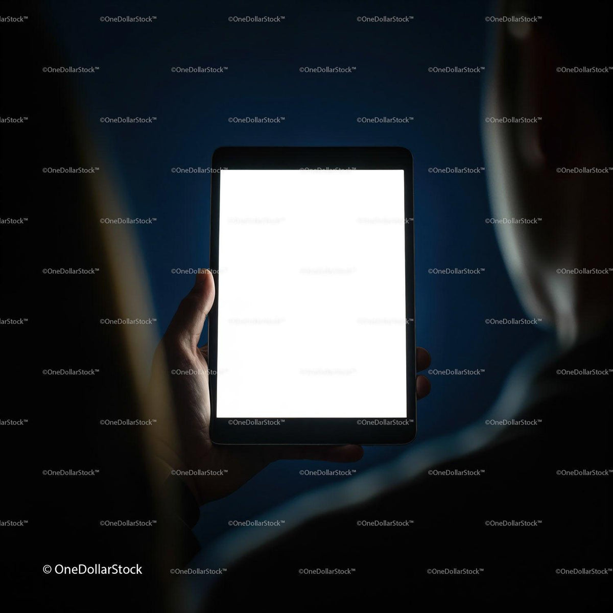 Person Holding Bright Digital Tablet in Dark Room JPG Mockup Image preview