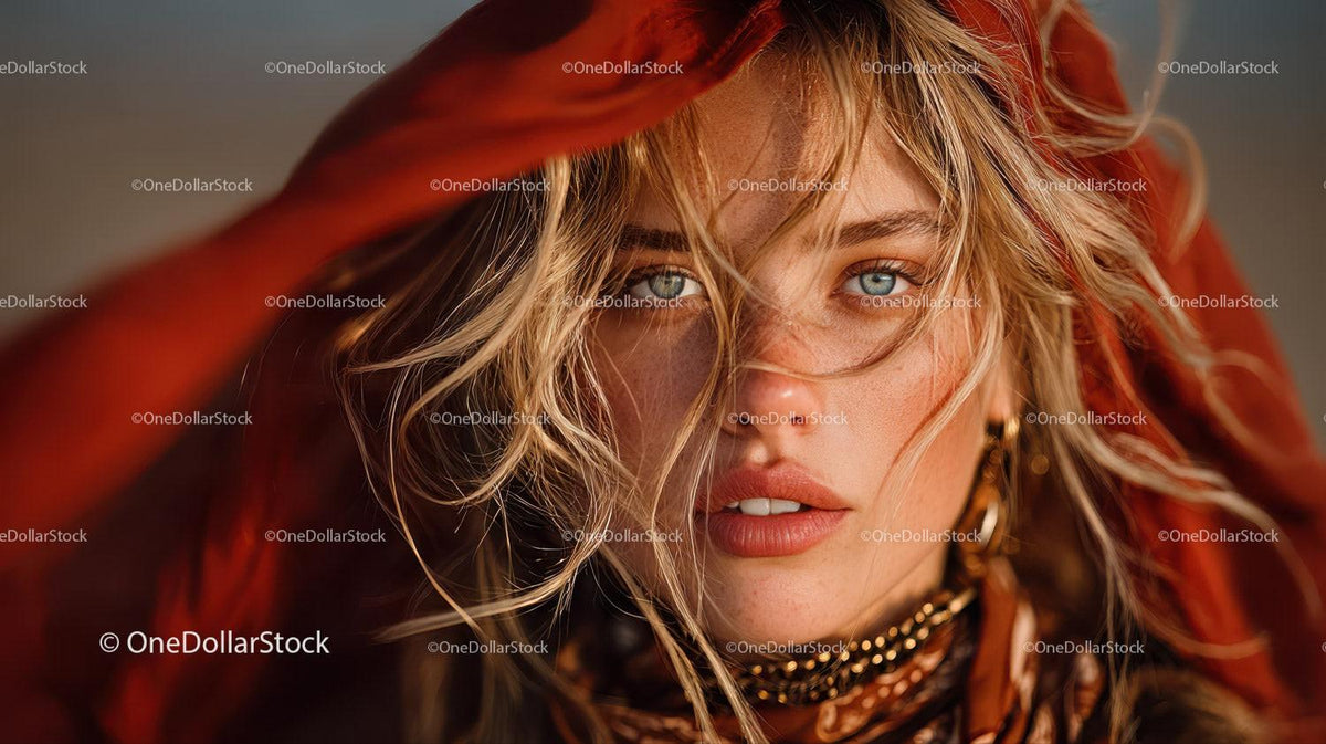 Glamorous Blonde Woman with Blue Eyes Wearing Red Scarf in Studio Stock Photo Bundle preview 19