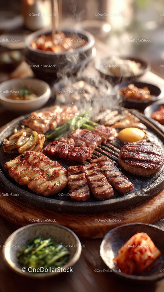 Korean Barbecue with Grilled Meat and Fresh Vegetables in a Traditional Setting 13 JPG Files digital asset preview