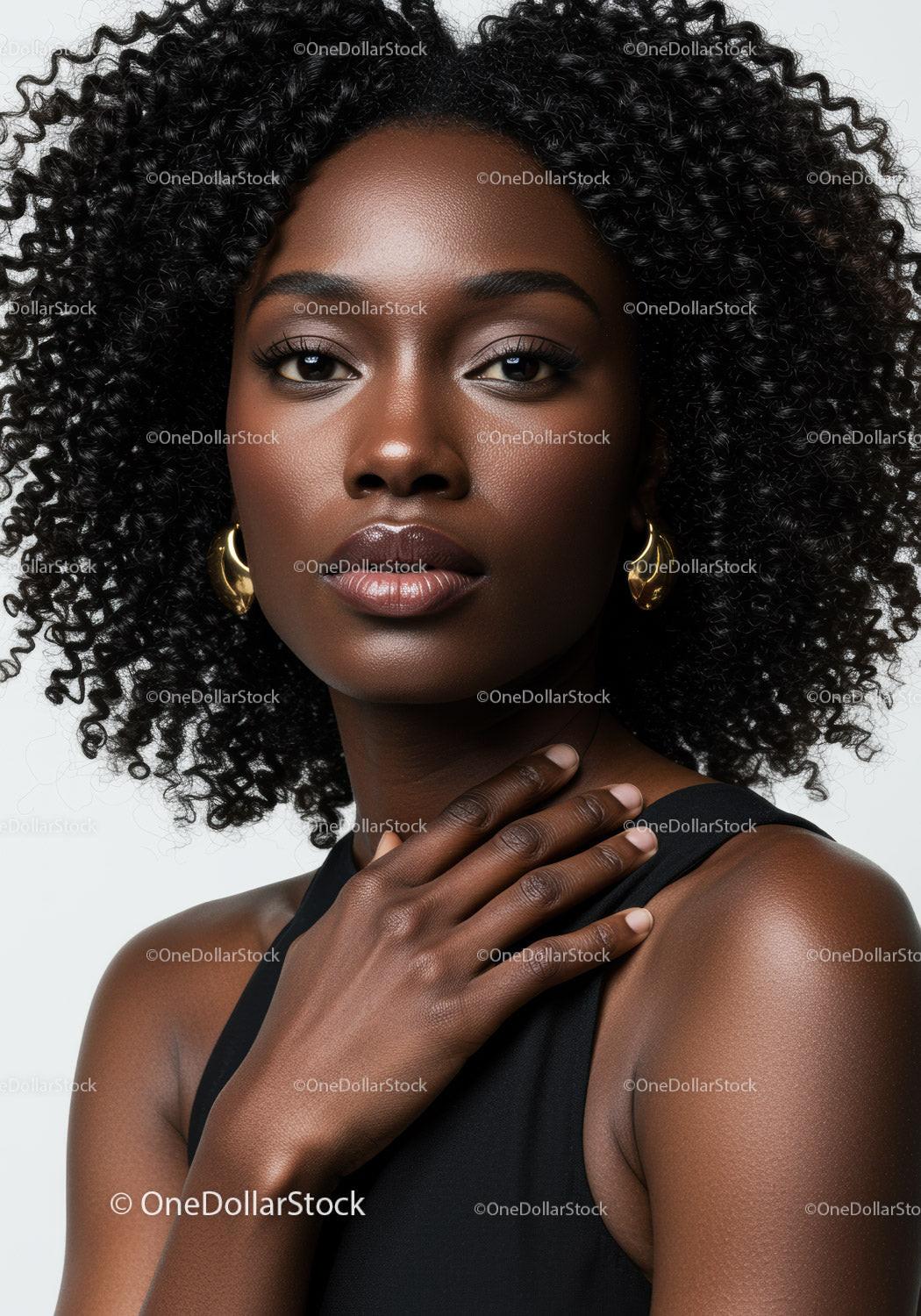 Elegant Black Woman with Curly Hair and Gold Earrings Professional Portrait