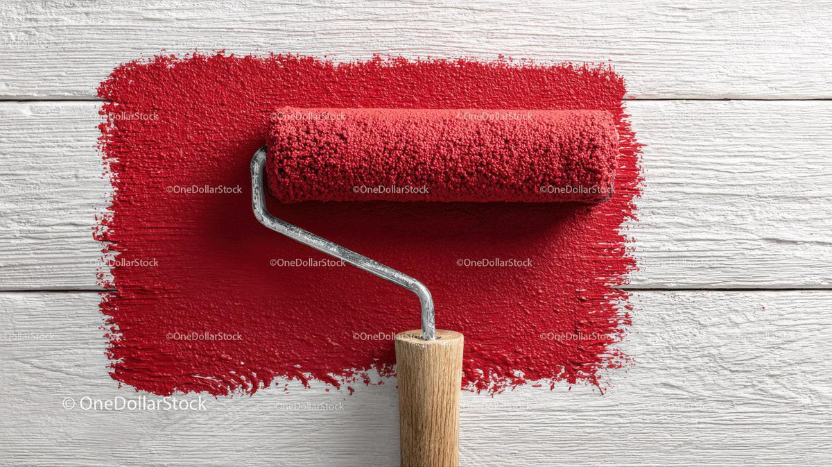 Red Paint and Painting Roller On White Wooden Surface Stock Photo Bundle preview