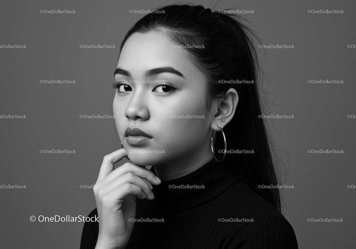 Elegant Black and White Portrait of a Confident Woman with Hoop Earrings