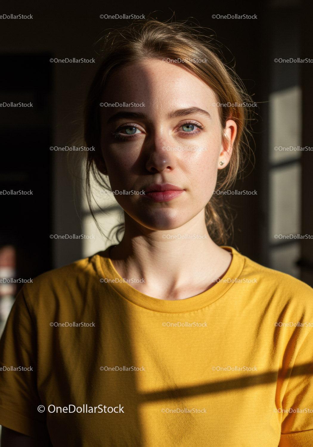 Bright Young Woman with Blonde Hair and Blue Eyes in Yellow T-Shirt