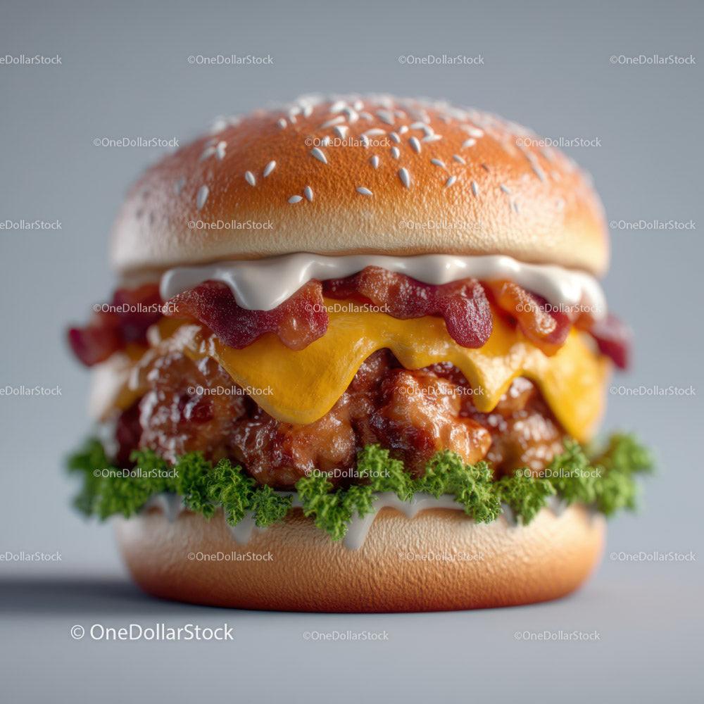 Close-up of a Juicy Cheeseburger with Bacon and Lettuce on Sesame Bun