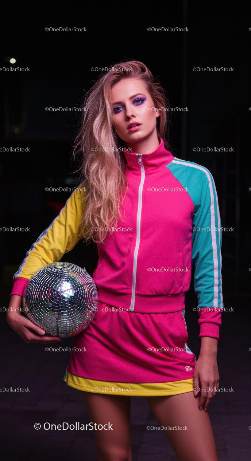 Vibrant Young Woman in Colorful Sportswear Holding Disco Ball