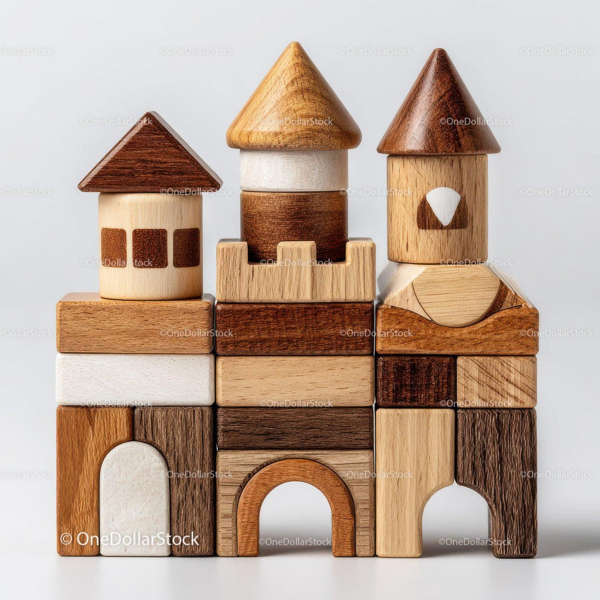 Wooden block castle with conical roofs and arched doorways in natural wood tones