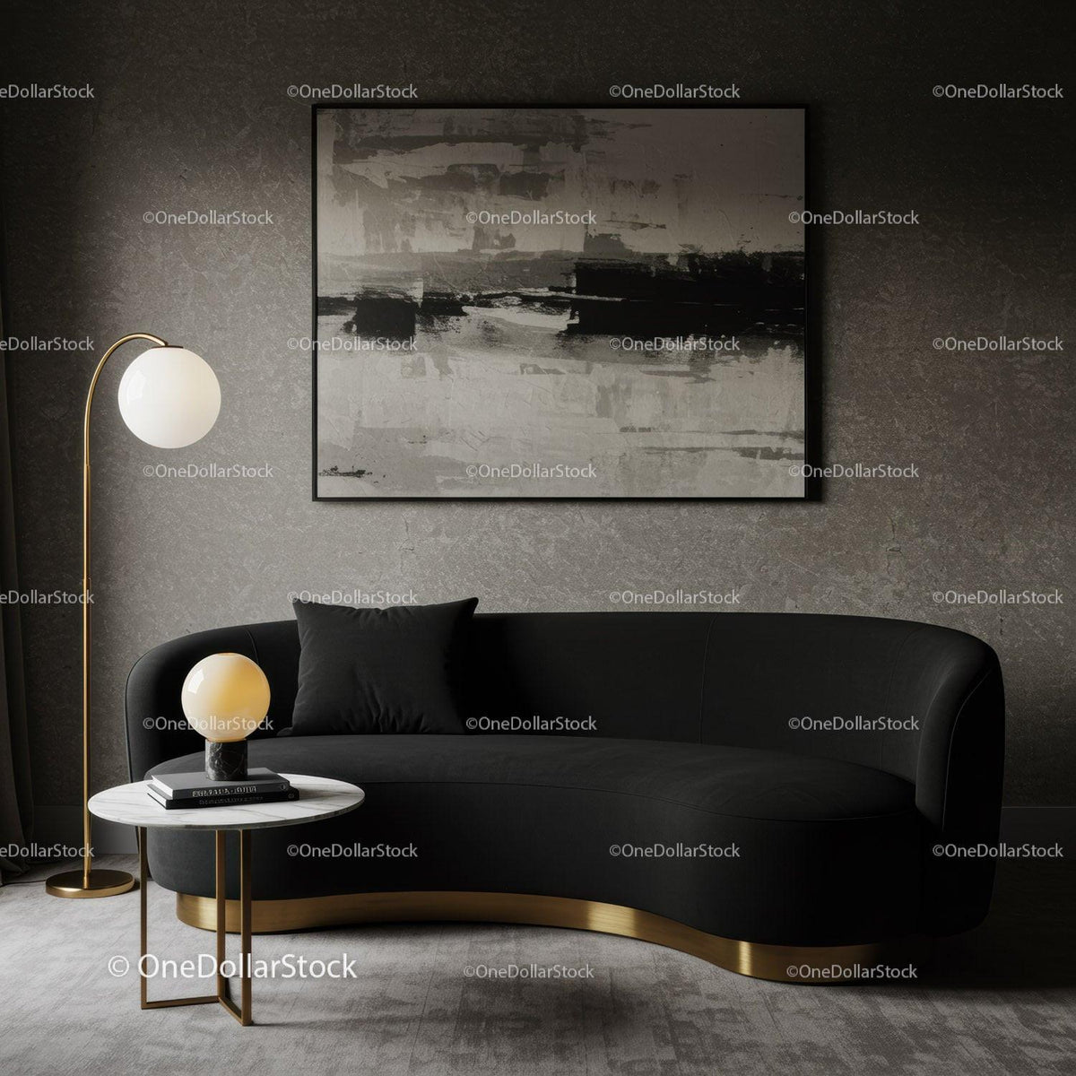 Modern black sofa with gold accents in cozy living room