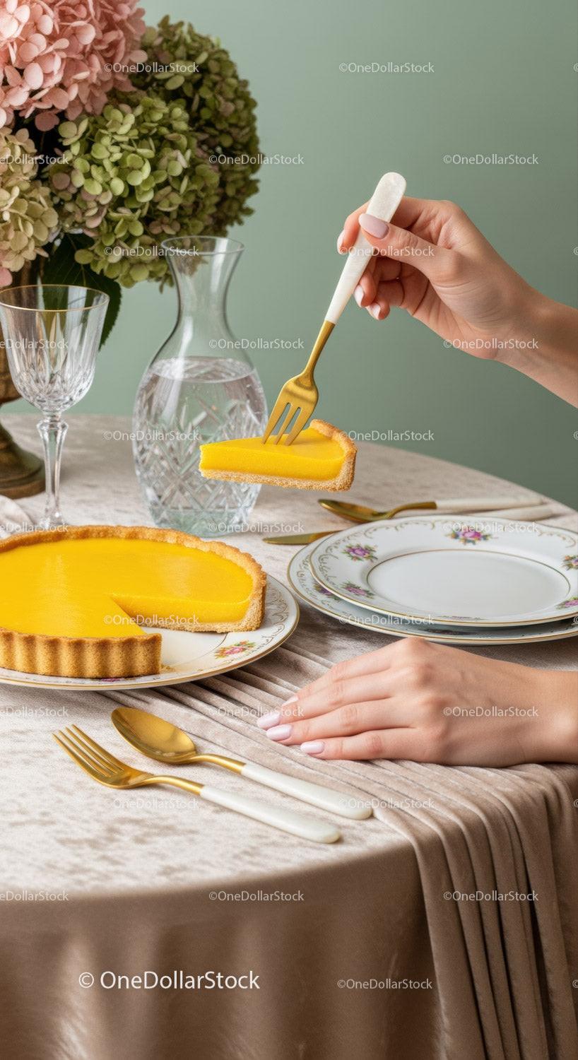 Elegant Lemon Tart with Floral Decor and Gold Cutlery for Special Occasions
