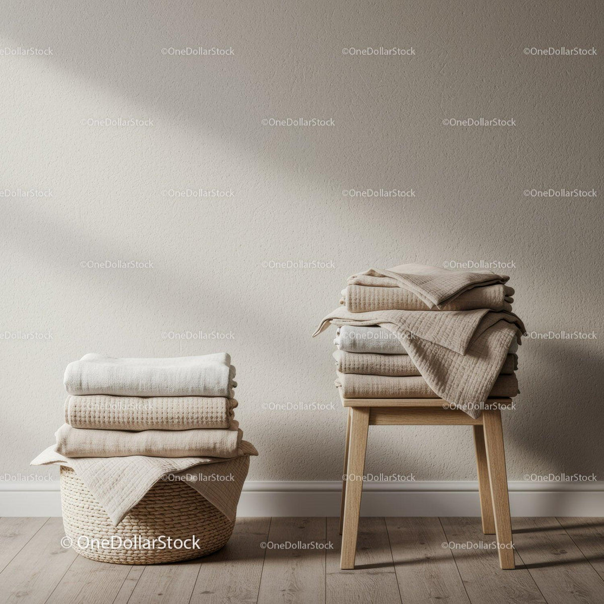 Neutral toned folded towels on basket and stool
