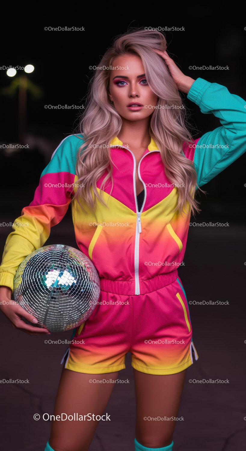 Vibrant Party Girl in Colorful Tracksuit Holding Disco Ball at Night