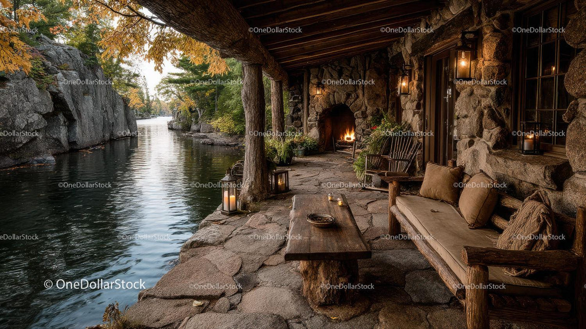 Rustic Riverside Lounge with Fireplace and Autumn Foliage
