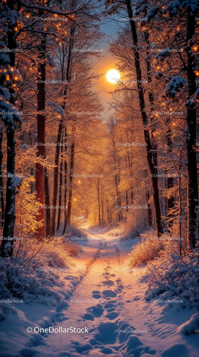 Snowy forest path glowing in warm sunset light