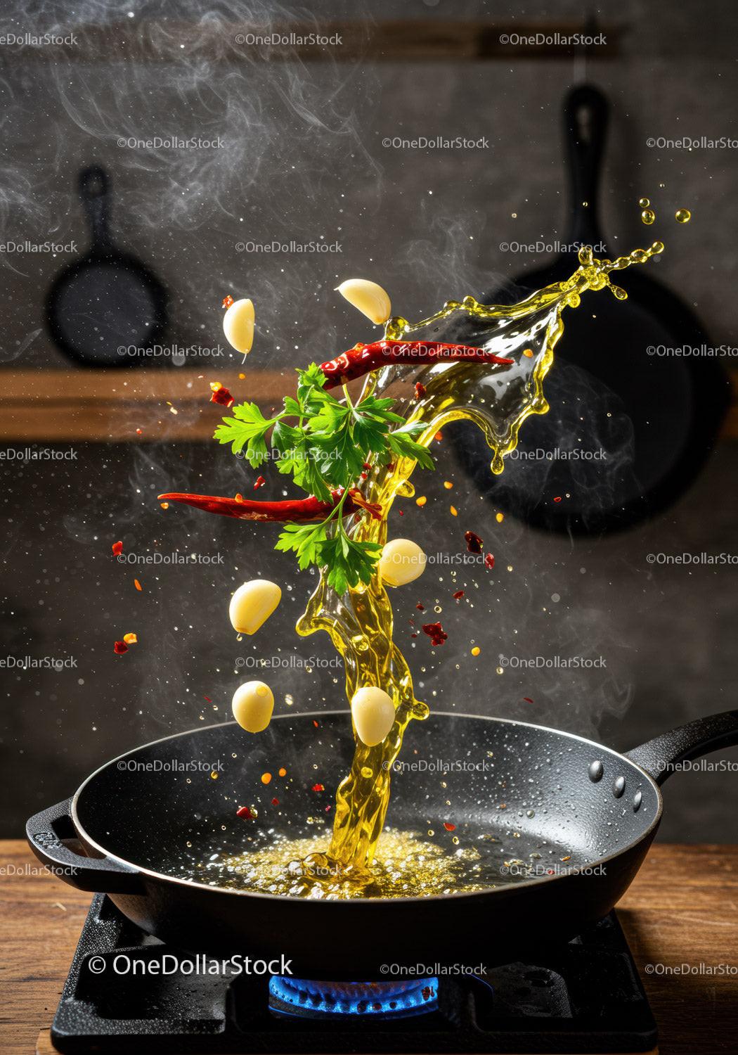Fresh Ingredients Splashing Into Hot Pan With Olive Oil