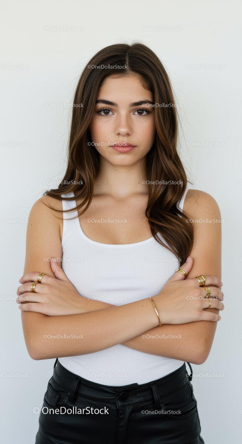 Confident Young Woman in White Tank Top with Gold Jewelry