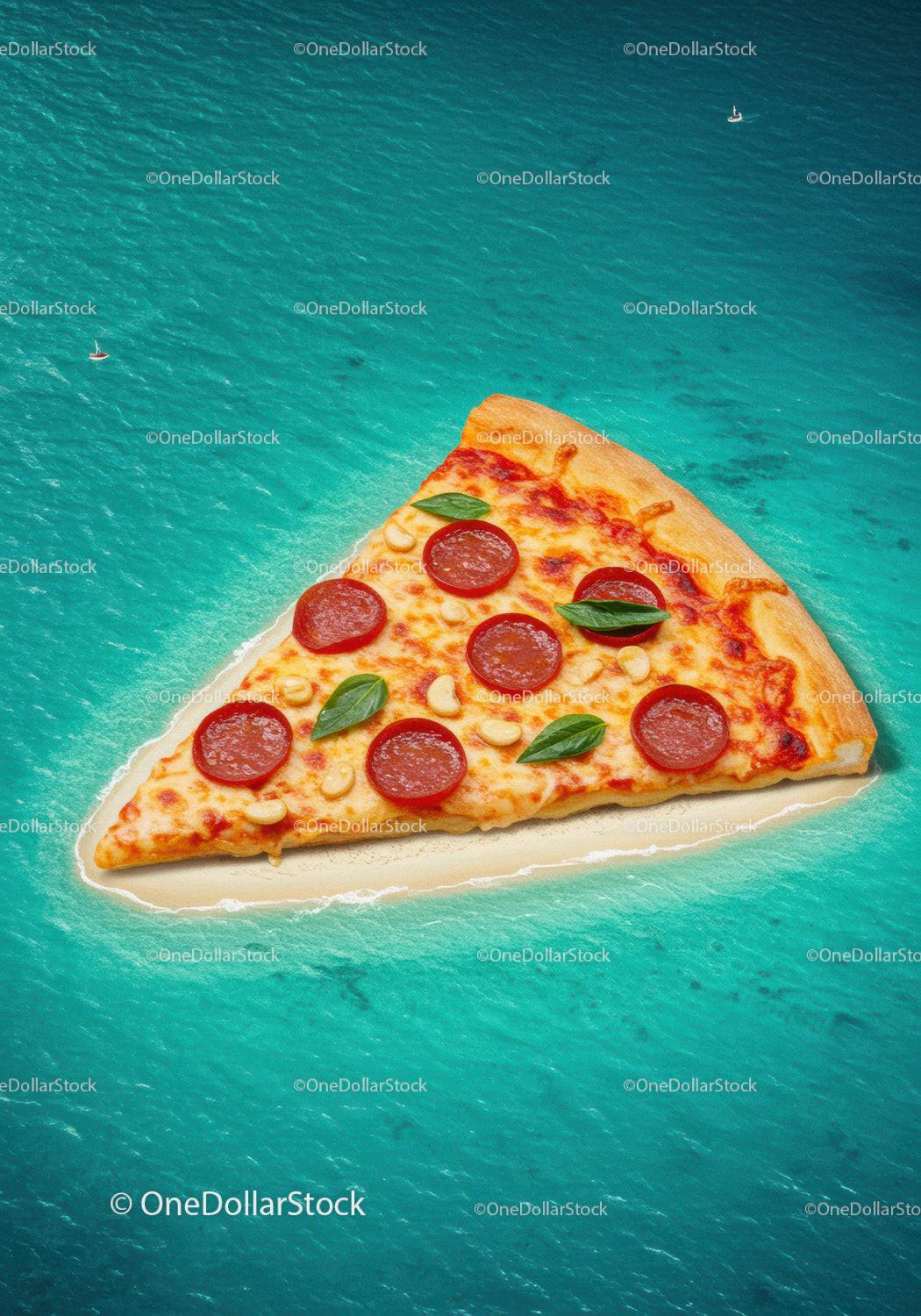 Slice of Pepperoni Pizza Floating on Blue Ocean Water
