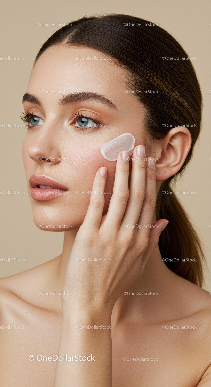 Young Woman Applying Skincare Cream for Flawless Skin