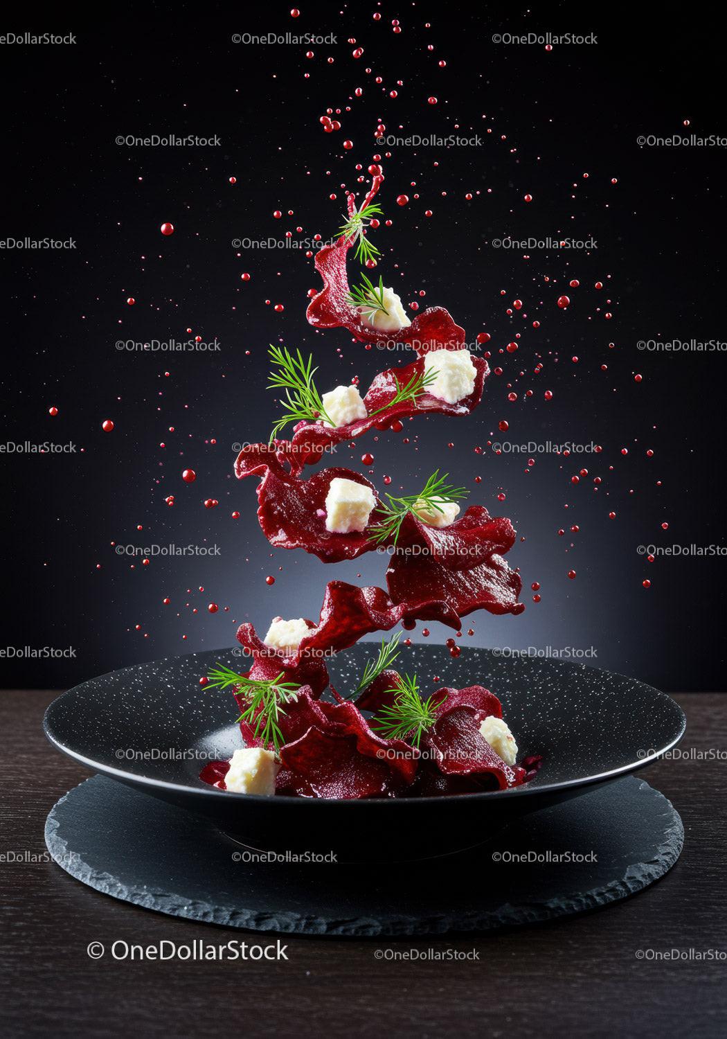 Artistic Beetroot Chips with Cheese and Dill Garnish