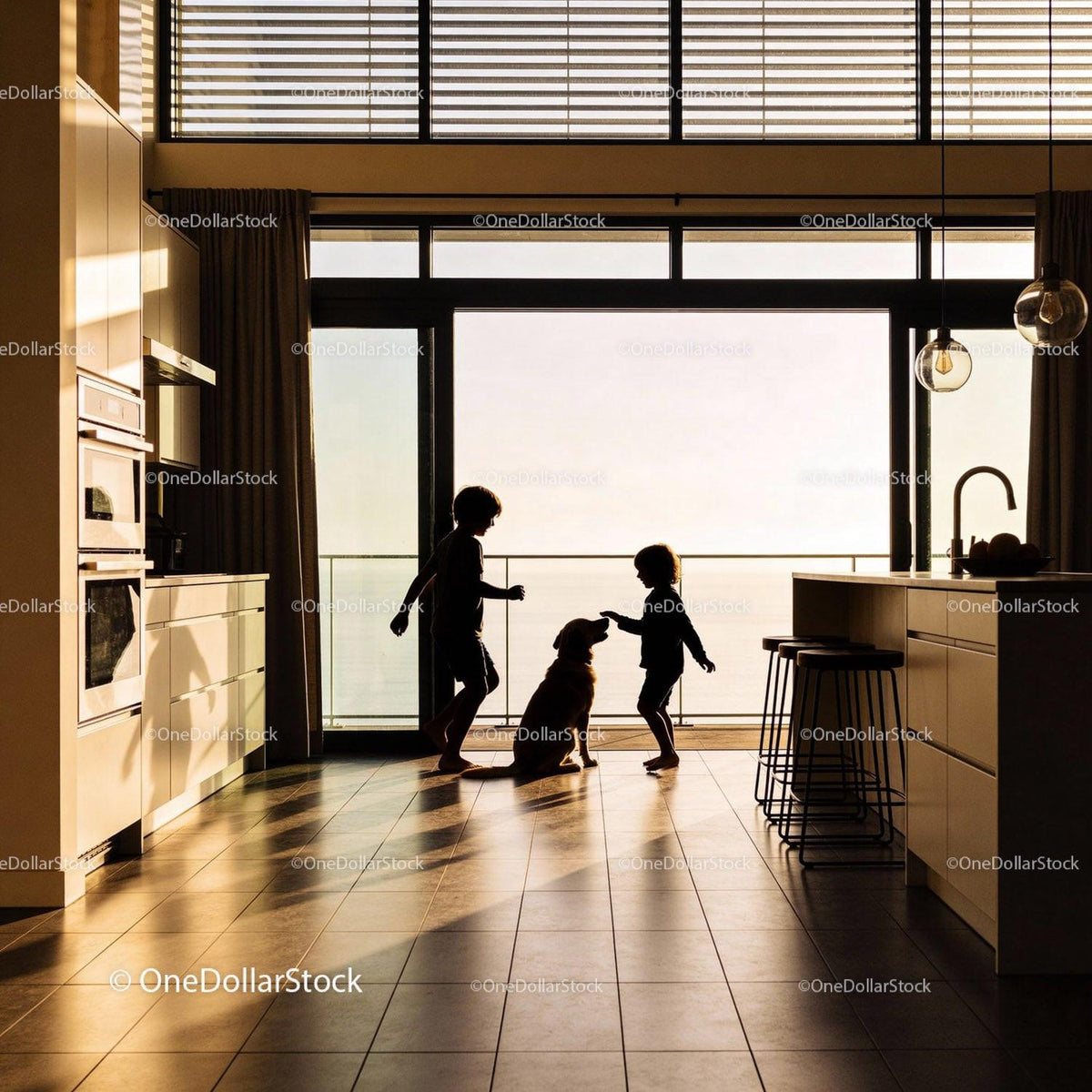 Children Playing with Dog in Sunlit Modern Kitchen