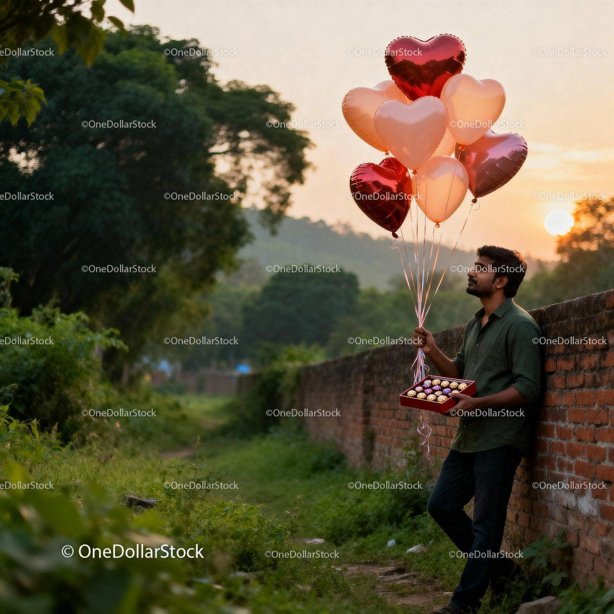 Man Holding Heart Balloons and Chocolates at Sunset