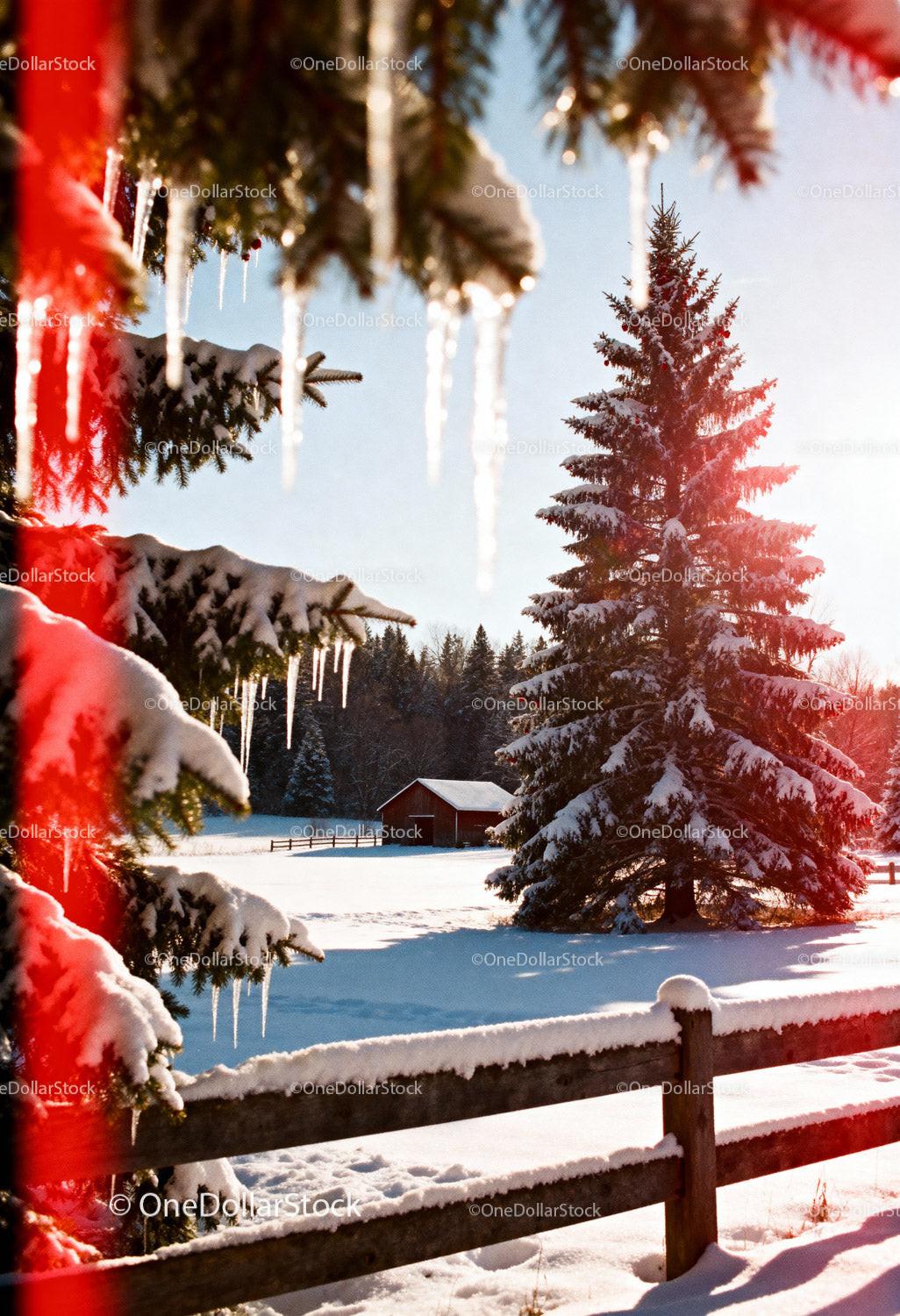 Snowy pine trees and rustic barn on a bright winter day
