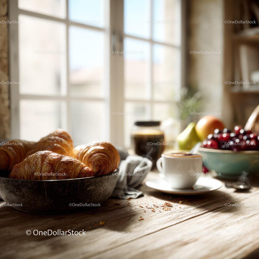 Cozy rustic kitchen with croissant and fresh fruit on sunlit wooden table Stock Photo Bundle preview 11