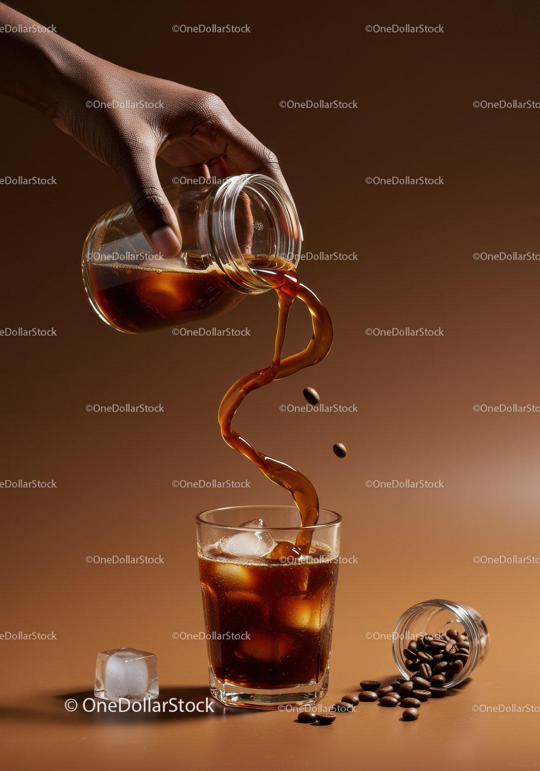 Hand Pouring Cold Brew Coffee Over Ice Cubes in Glass