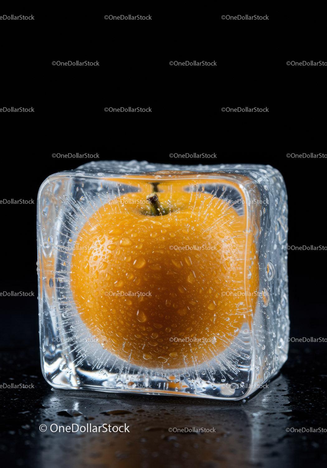 Fresh apricot encased in a clear ice cube