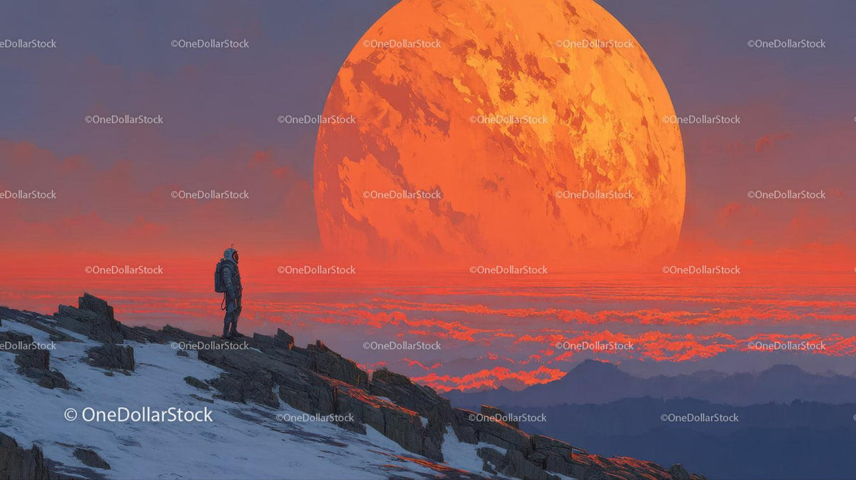 Astronaut Exploring a Surreal Alien Landscape with a Giant Orange Planet Stock Photo Bundle preview 26